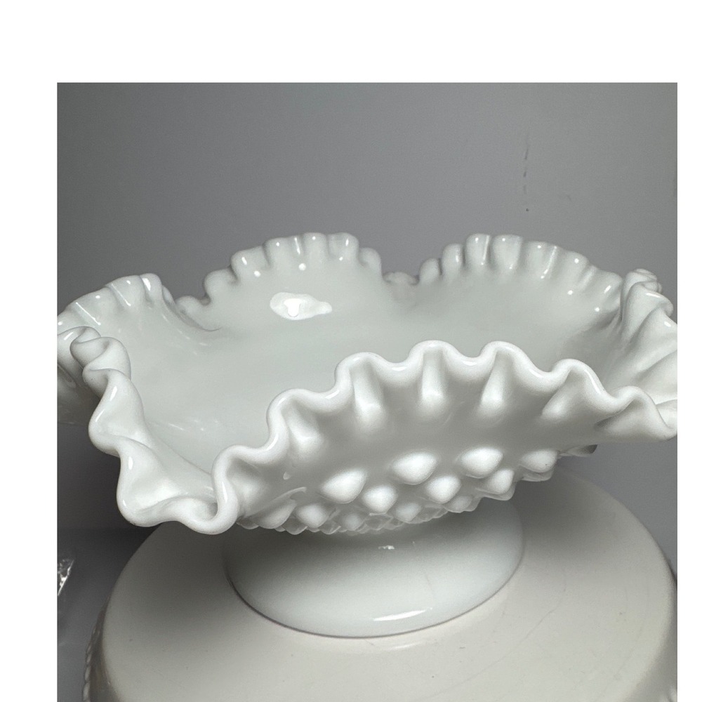 Vintage White Milk Glass Ruffled Pedestal Bowl / Compote – Hobnail Detail